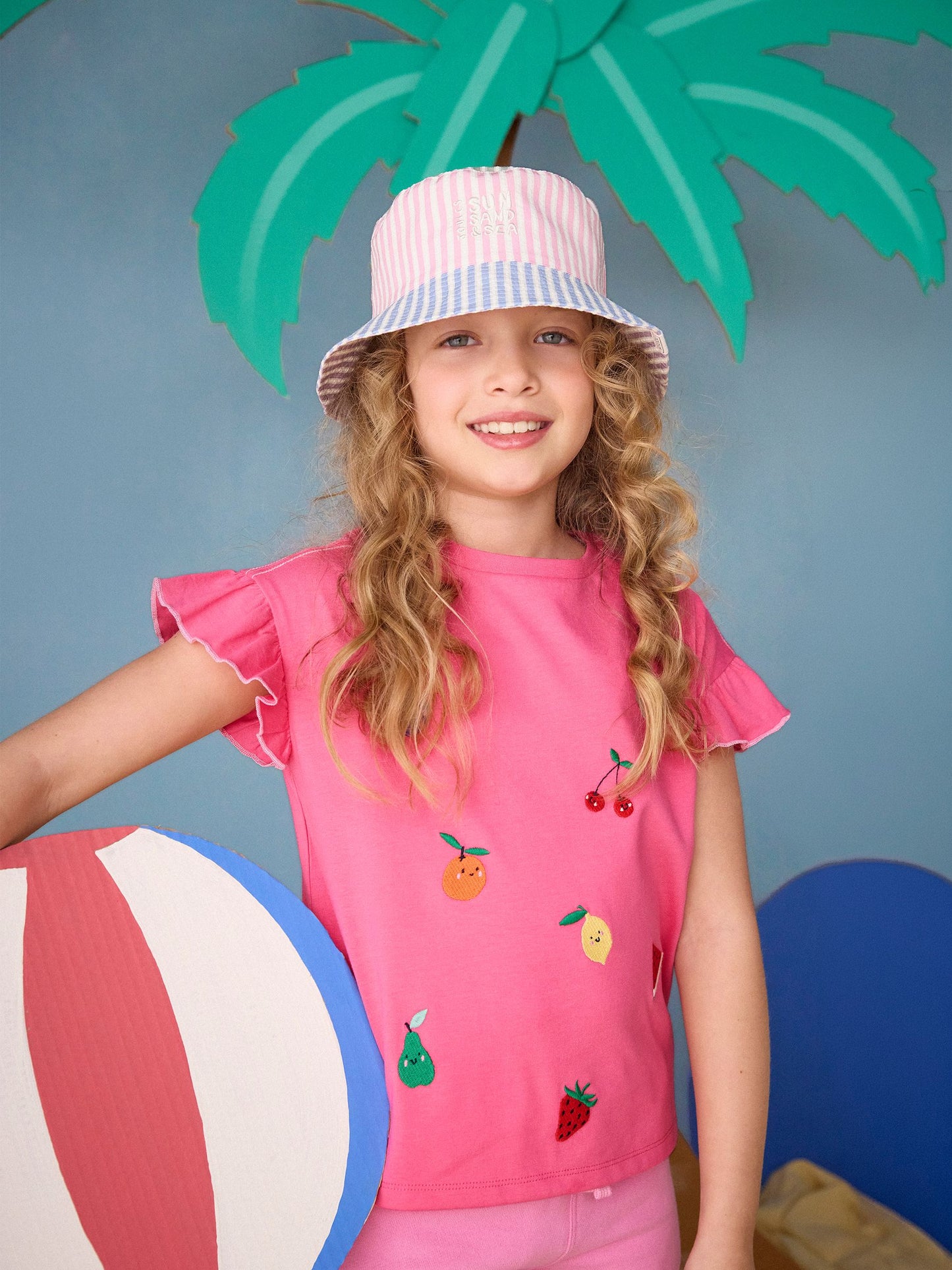 Dsiney Kidz - Joules Girls' Waverley Pink Embroidered Fruit Frill Sleeve T-Shirt image 1