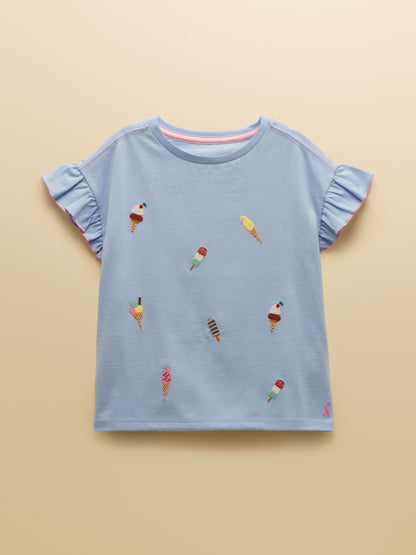 Joules Girls' Waverley Blue Frill Sleeve T-Shirt image 2
