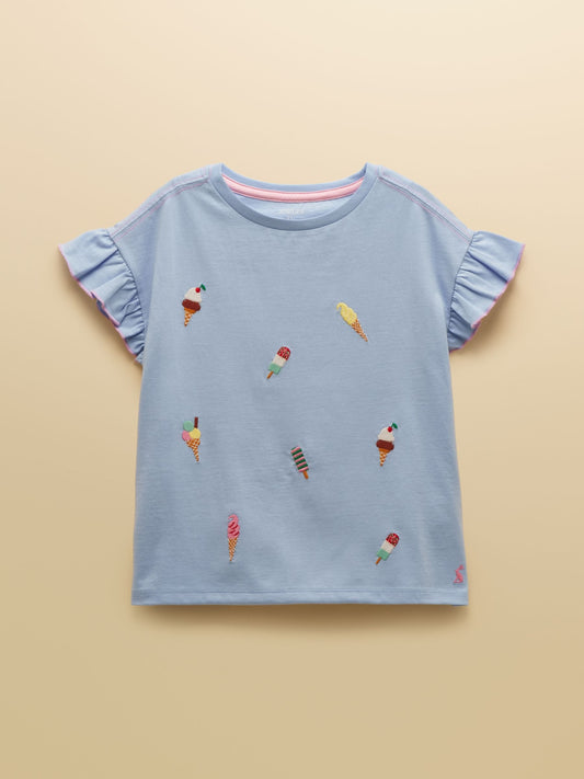 Joules Girls' Waverley Blue Frill Sleeve T-Shirt image 2