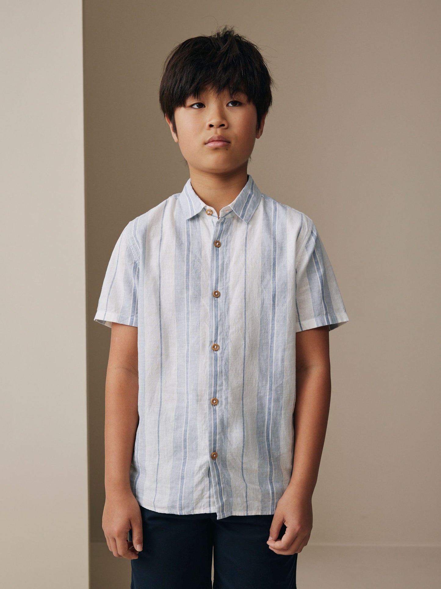 Dsiney Kidz - White Stripe Short Sleeve Linen Blend Shirt (3-16yrs) image 1
