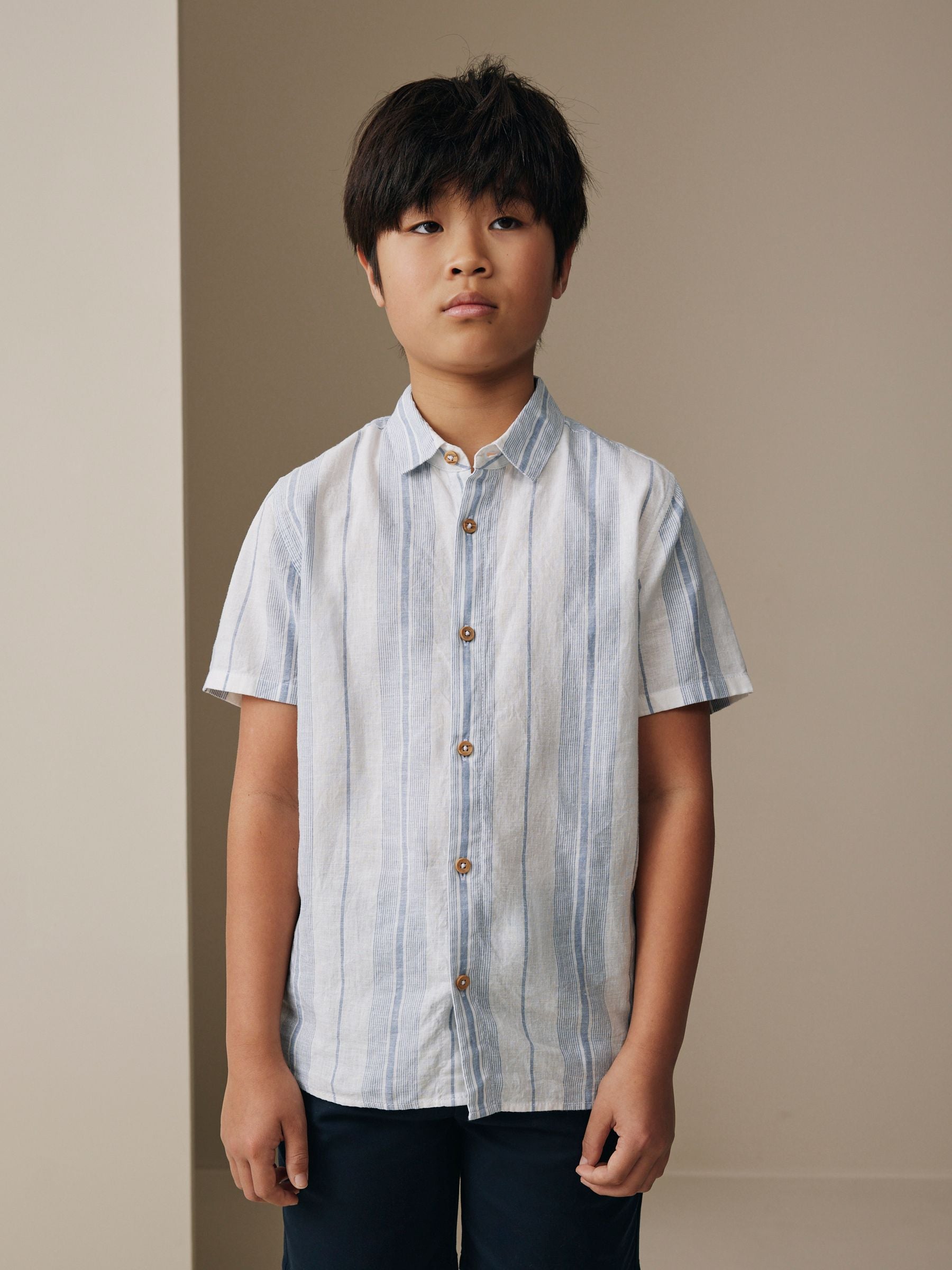 Dsiney Kidz - White Stripe Short Sleeve Linen Blend Shirt (3-16yrs) image 1