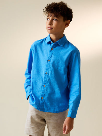 Dsiney Kidz - Bright Blue Long Sleeve Relaxed Linen Blend Shirt (3-16yrs) image 1