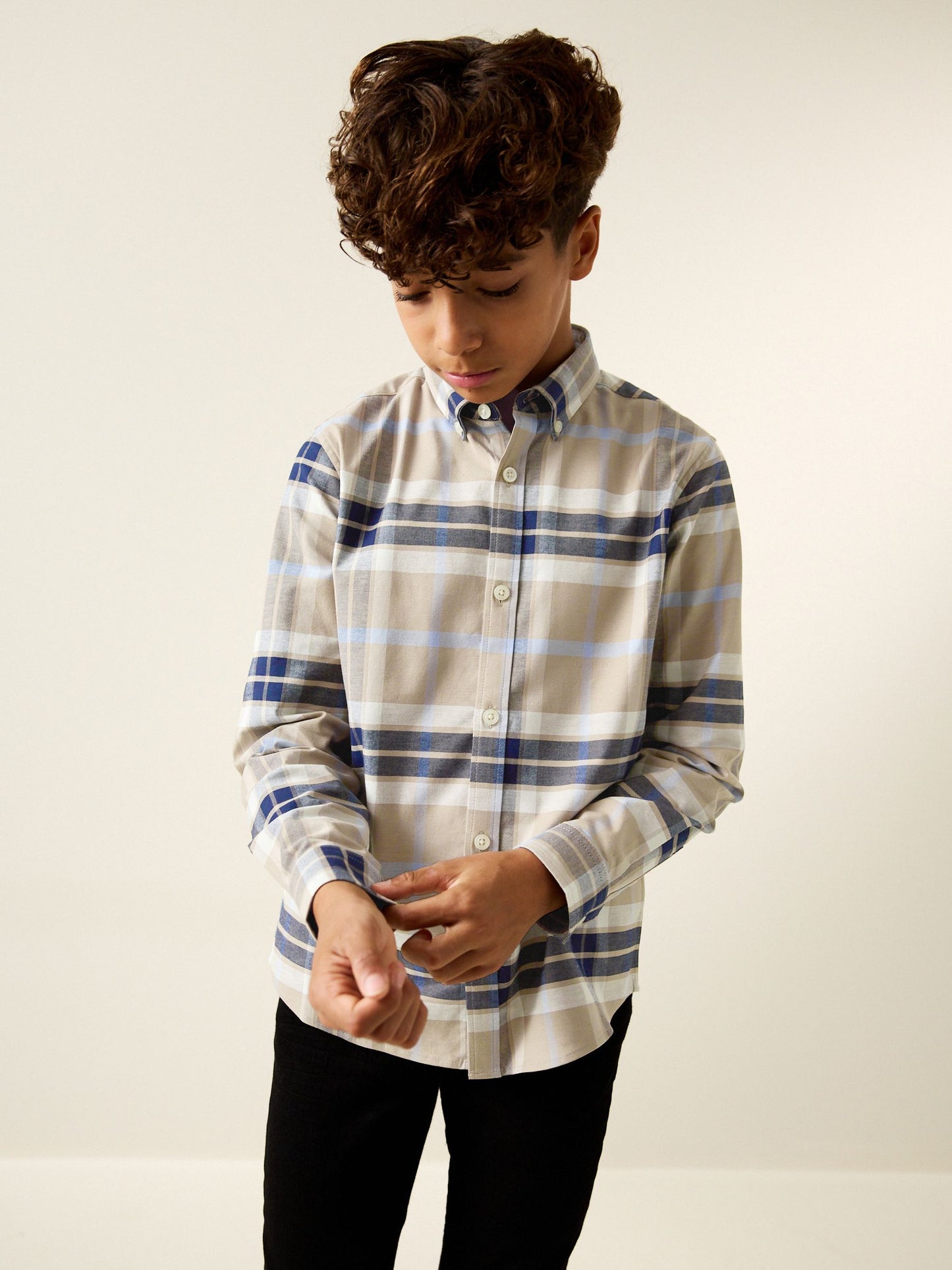 Dsiney Kidz - Neutral/Black Check Long Sleeve Oxford Check Shirt (3-16yrs) image 1