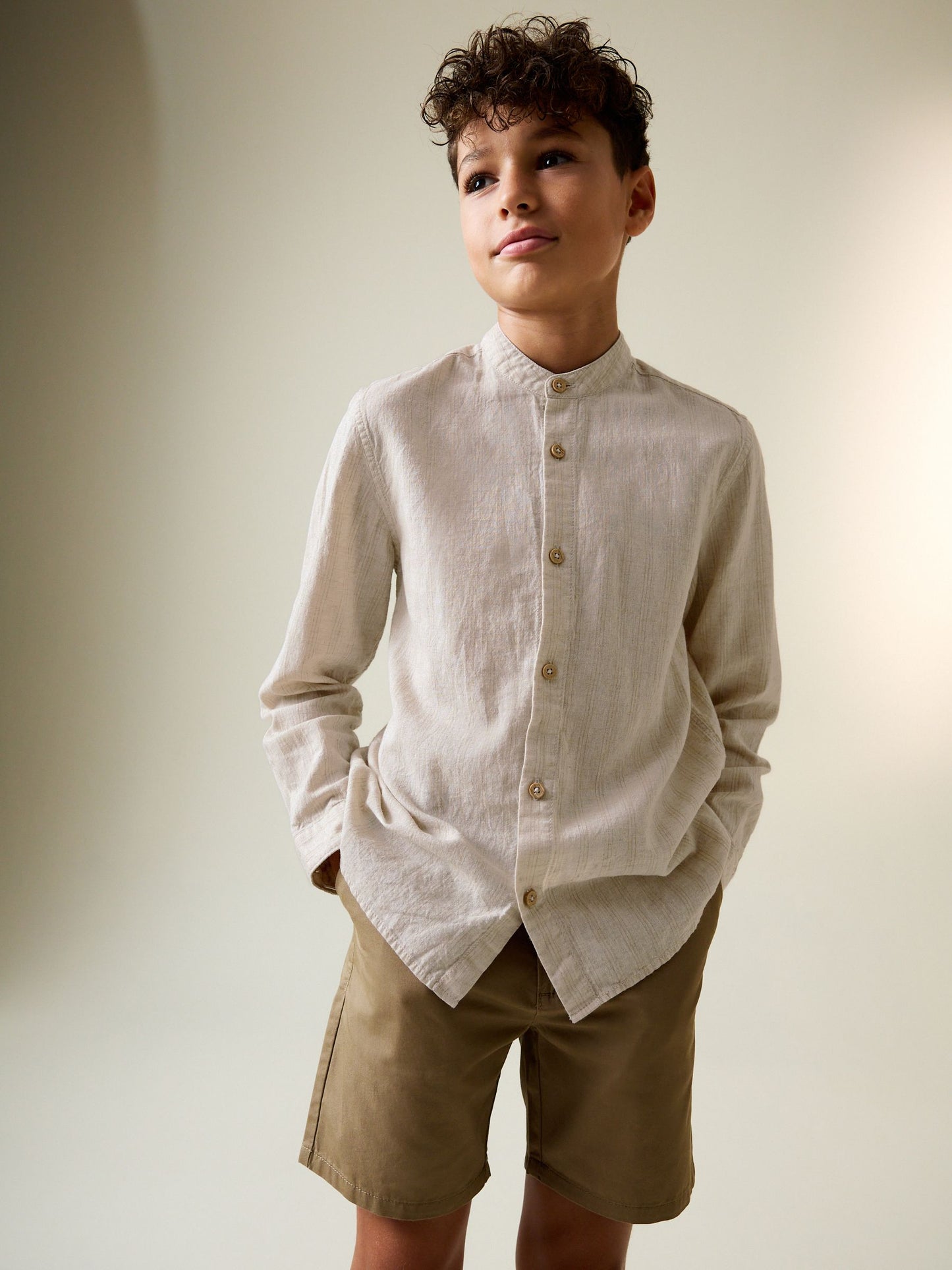 Dsiney Kidz - Neutral Grandad Collar Linen Mix Long Sleeve Shirt (3-16yrs) image 1