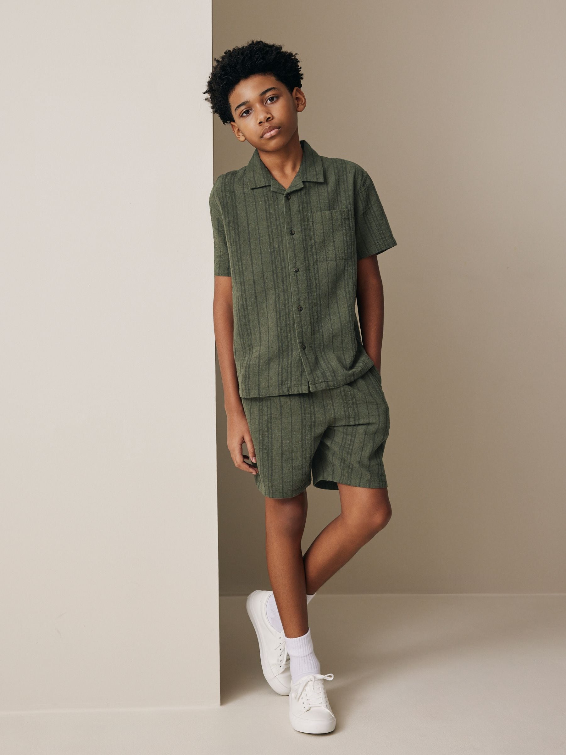 Dsiney Kidz - Khaki Green Short Sleeve Textured Shirt and Shorts Set (3-16yrs) image 1