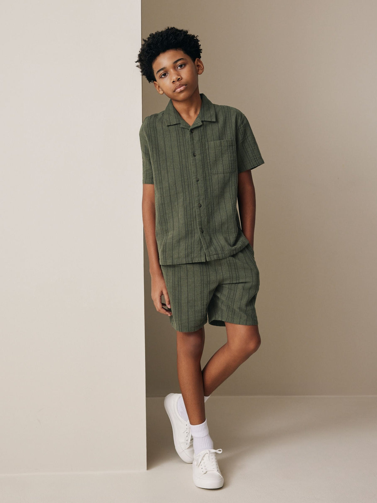 Dsiney Kidz - Khaki Green Short Sleeve Textured Shirt and Shorts Set (3-16yrs) image 1