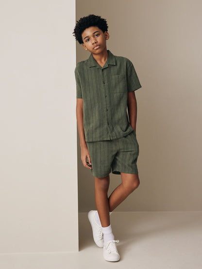 Dsiney Kidz - Khaki Green Short Sleeve Textured Shirt and Shorts Set (3-16yrs) image 1