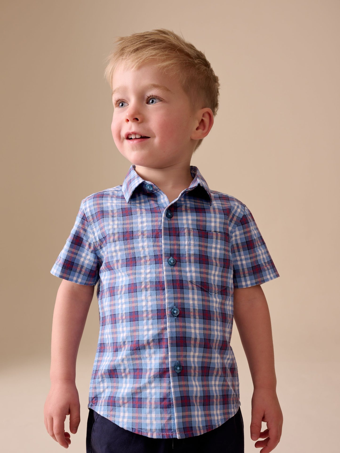 Dsiney Kidz - Blue/Navy Short Sleeve Check Seersucker Shirt (6mths-7yrs) image 1