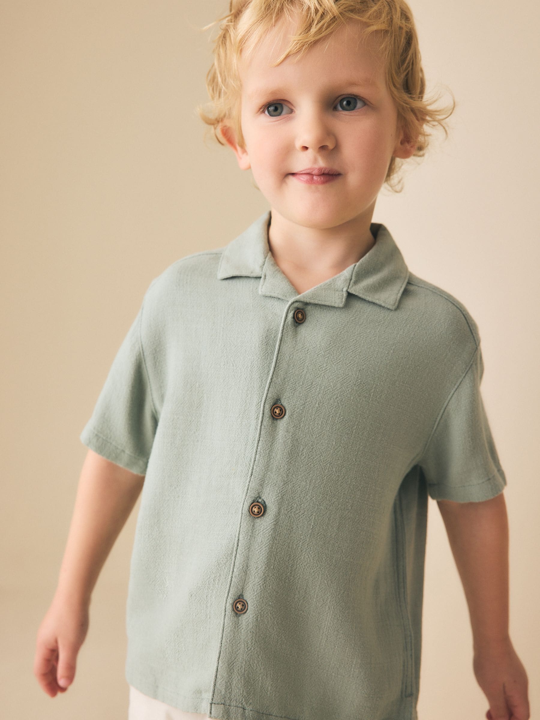 Dsiney Kidz - Sage Green Short Sleeves Linen Blend Revere Collar Shirt (3mths-7yrs) image 1