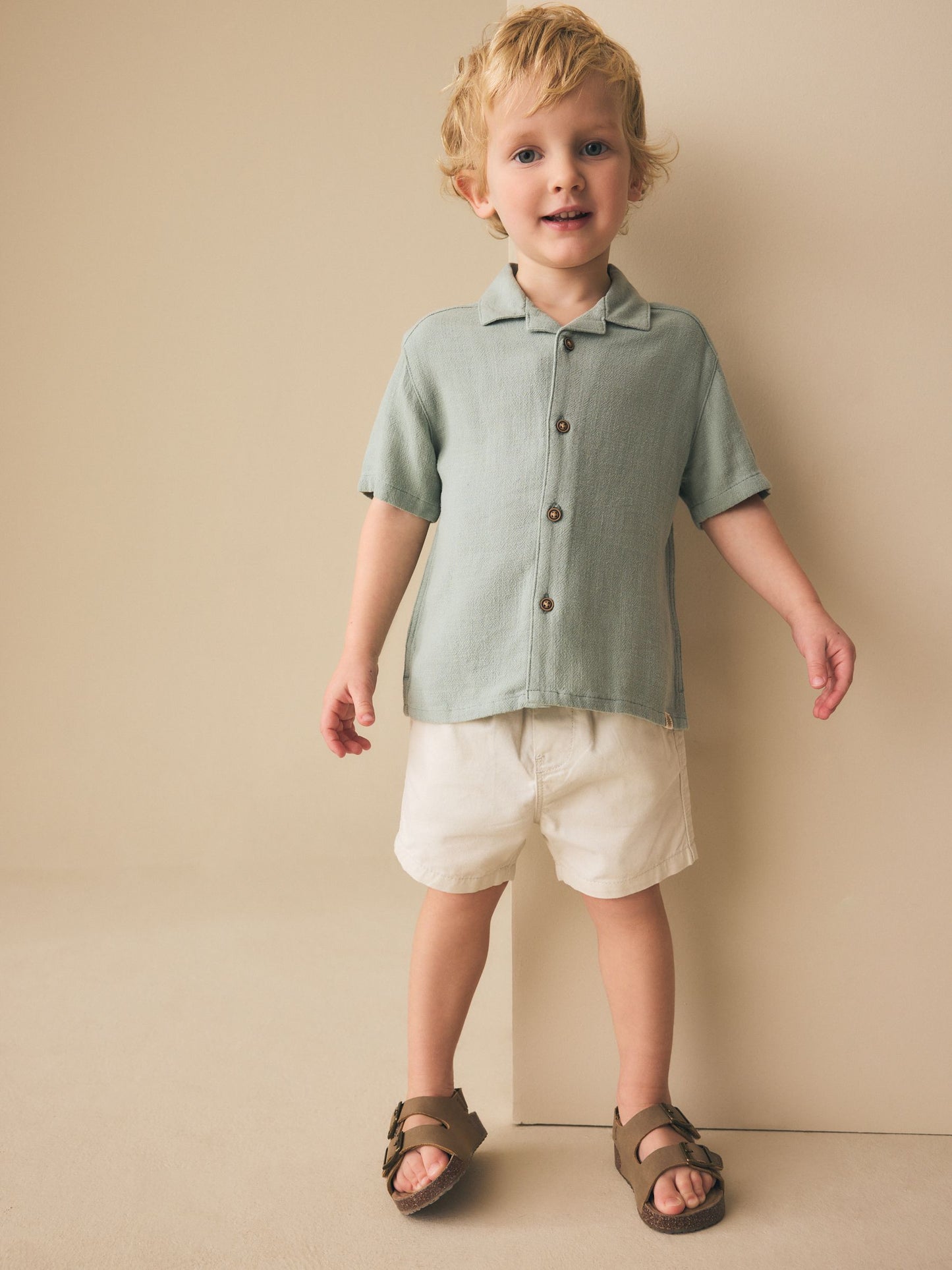Dsiney Kidz - Sage Green Short Sleeves Linen Blend Revere Collar Shirt (3mths-7yrs) image 2