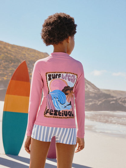 Dsiney Kidz - Pink/Blue Surf Graphic Long Sleeve Sunsafe Rash Vest And Shorts Set (3-16yrs) image 3