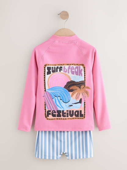 Dsiney Kidz - Pink/Blue Surf Graphic Long Sleeve Sunsafe Rash Vest And Shorts Set (3-16yrs) image 6