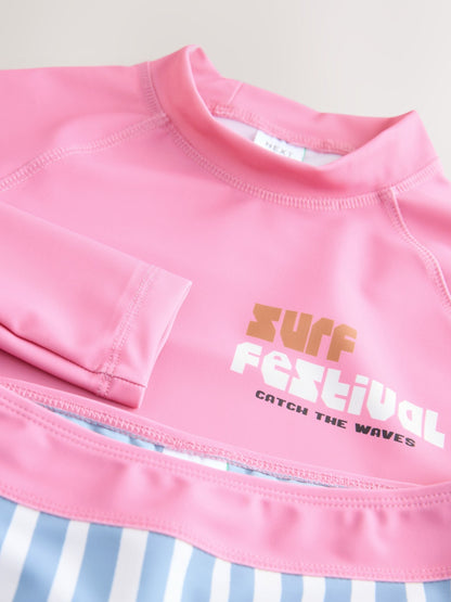 Dsiney Kidz - Pink/Blue Surf Graphic Long Sleeve Sunsafe Rash Vest And Shorts Set (3-16yrs) image 7