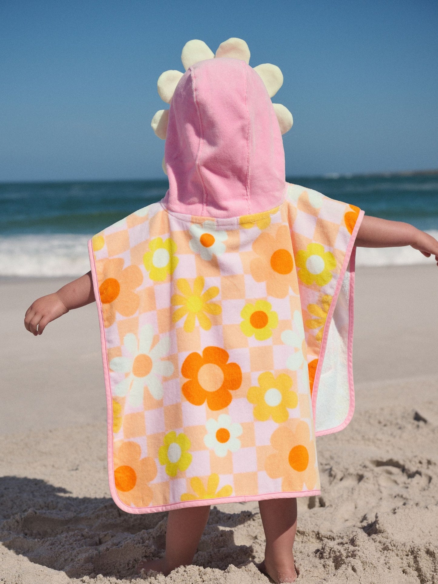 Pink/Orange Checkerboard Floral Towelling Poncho (9mths-10yrs) image 2