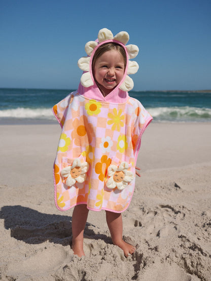 Pink/Orange Checkerboard Floral Towelling Poncho (9mths-10yrs) image 3