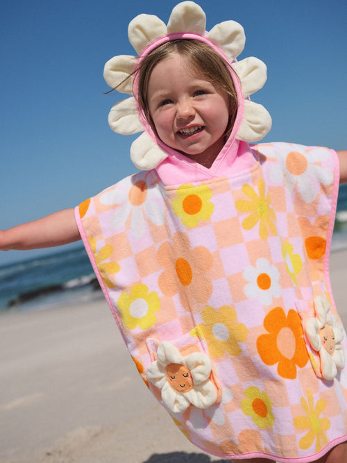 Pink/Orange Checkerboard Floral Towelling Poncho (9mths-10yrs) image 1