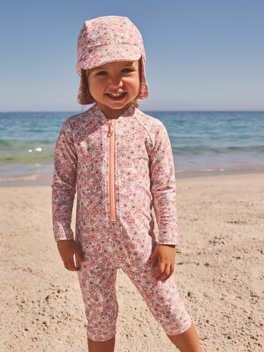 Dsiney Kidz - Coral Pink Ditsy Floral Long Leg Sunsafe Swimsuit (3mths-7yrs) image 1