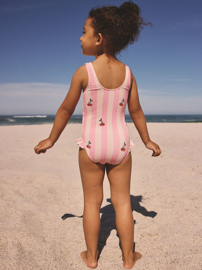 Pink Cherry Stripe Frill Leg Swimsuit (3mths-7yrs) image 2