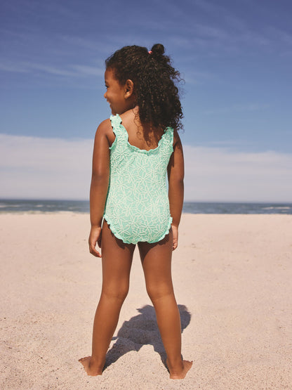 Mint Green Floral Texture Lettuce Edge Swimsuit (3mths-7yrs) image 3