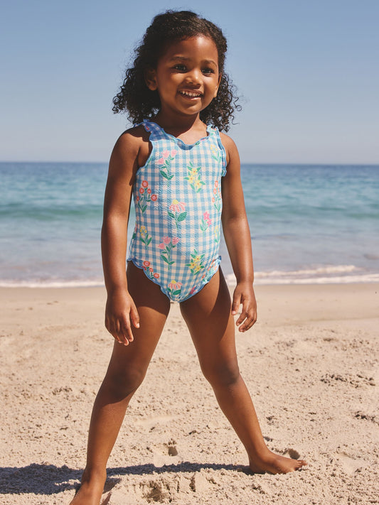 Dsiney Kidz - Blue Floral Gingham Lettuce Edge Swimsuit (3mths-7yrs) image 1