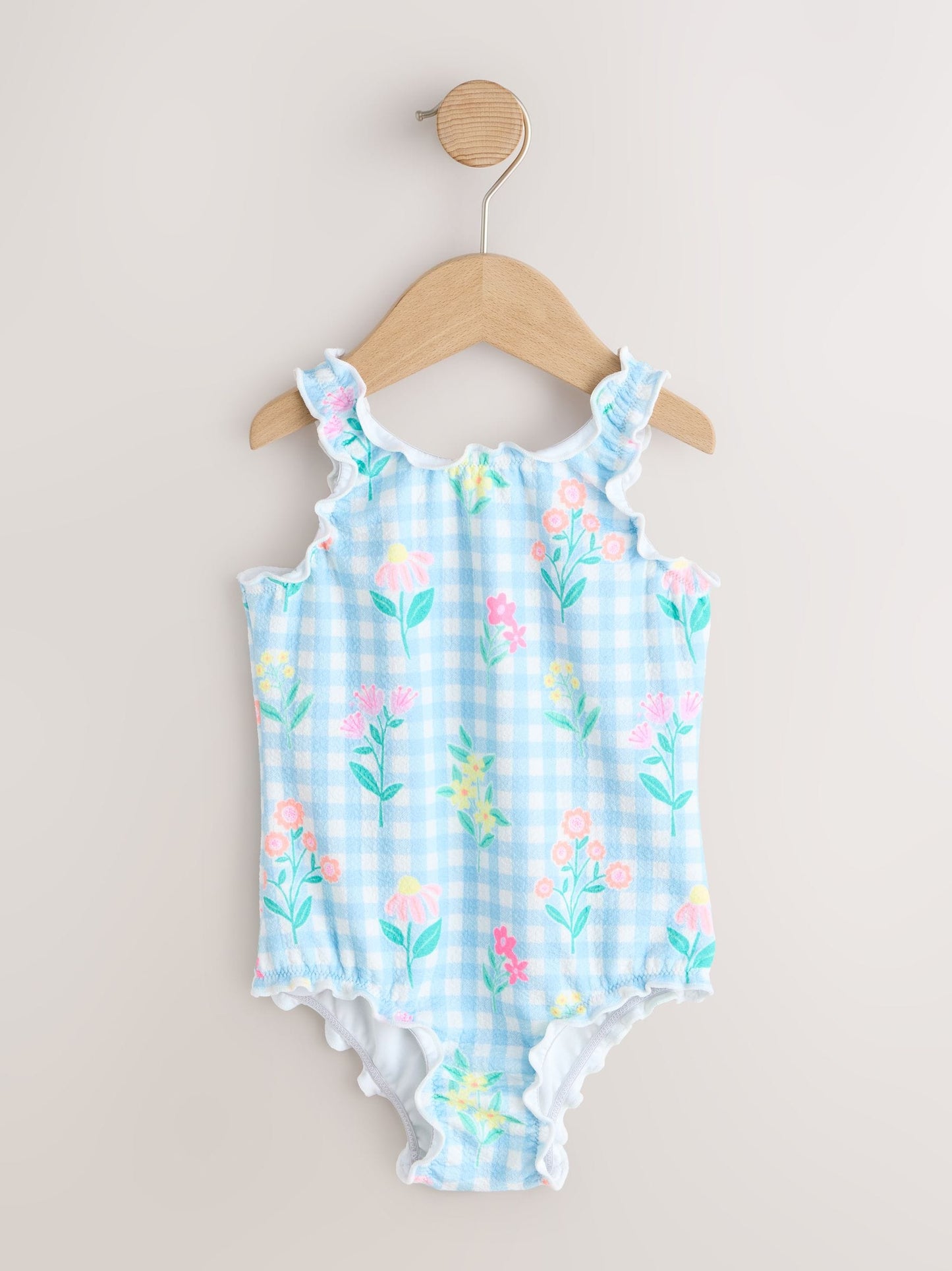 Blue Floral Gingham Lettuce Edge Swimsuit (3mths-7yrs) image 4