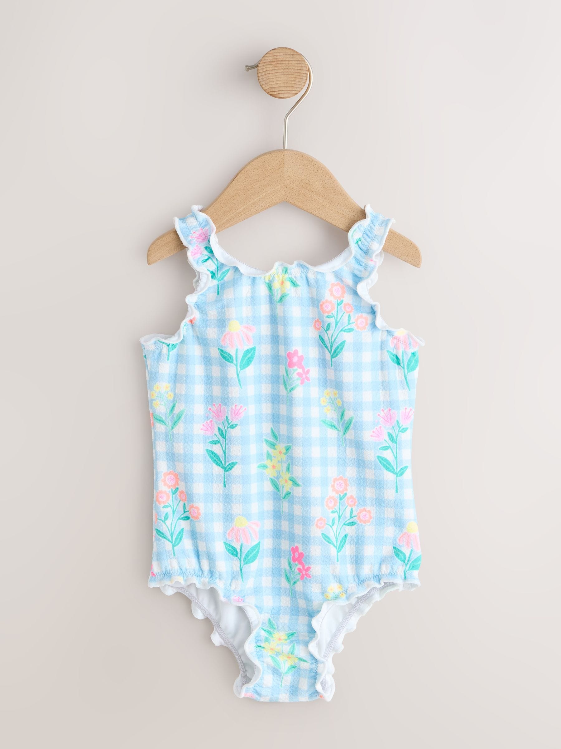 Blue Floral Gingham Lettuce Edge Swimsuit (3mths-7yrs) image 4
