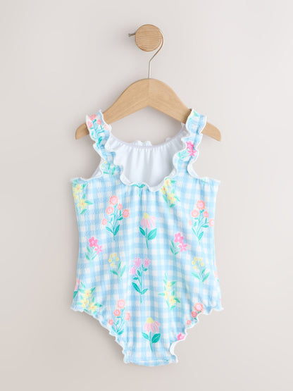 Blue Floral Gingham Lettuce Edge Swimsuit (3mths-7yrs) image 5