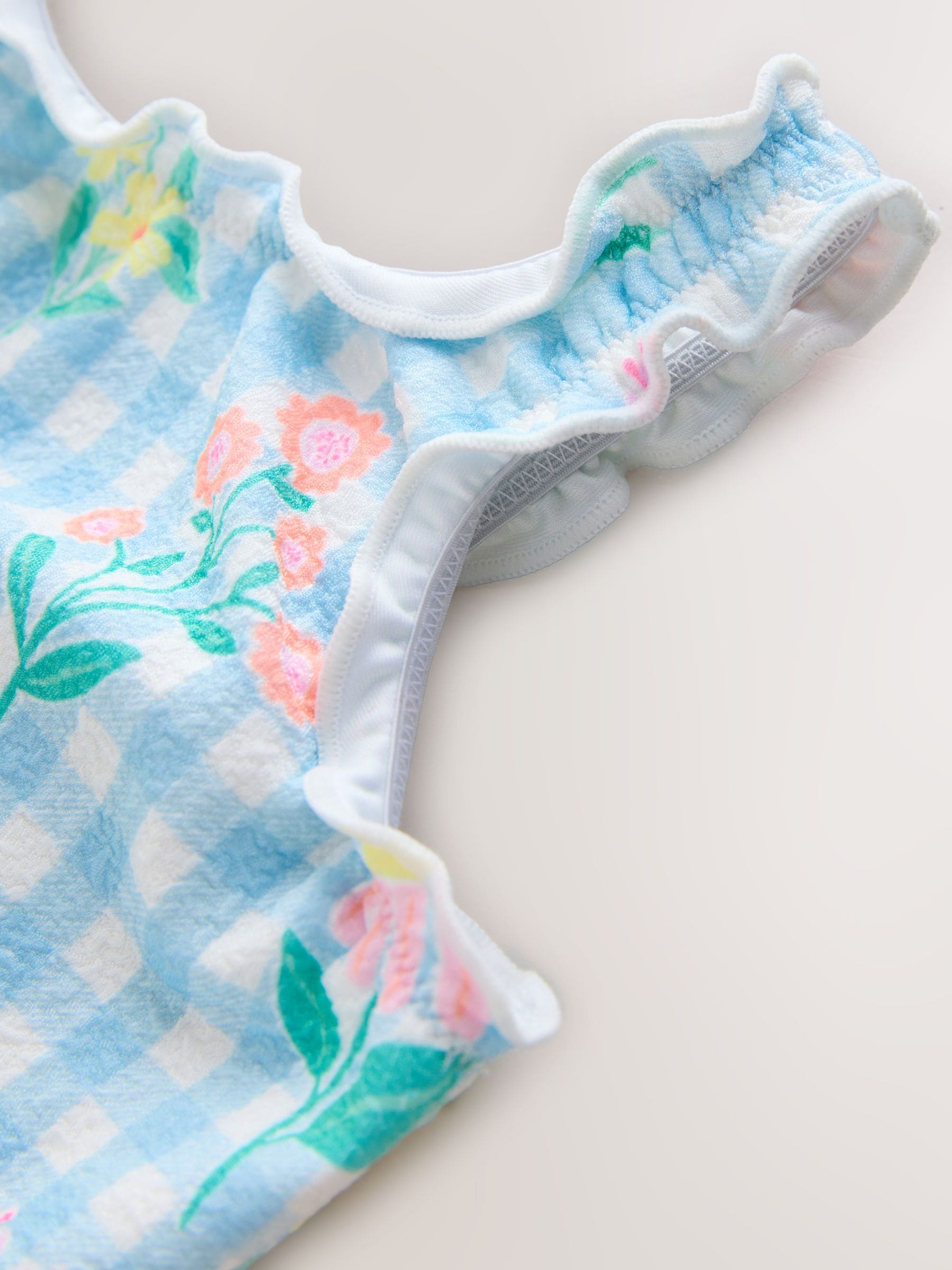 Blue Floral Gingham Lettuce Edge Swimsuit (3mths-7yrs) image 6