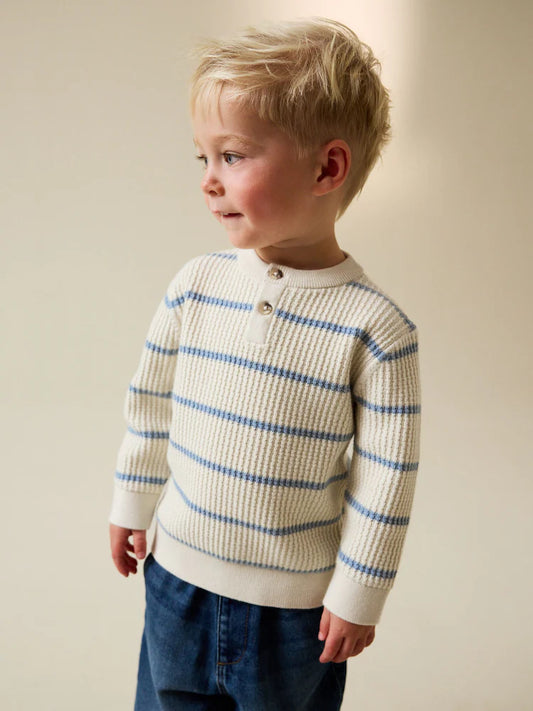 Ecru/Blue Knitted Stripe Henley Jumper (3mths-7yrs)