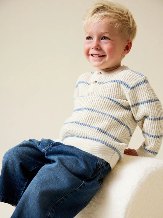 Ecru/Blue Knitted Stripe Henley Jumper (3mths-7yrs)