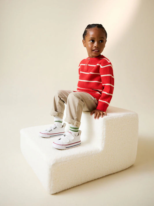 Red/Ecru Knitted Stripe Henley Jumper (3mths-7yrs)
