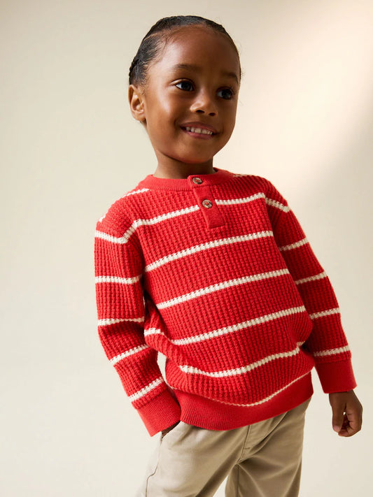 Red/Ecru Knitted Stripe Henley Jumper (3mths-7yrs)