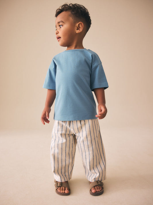 Blue/Ecru Wide Fit Linen Blend Pull on Trousers (3mths-7yrs) image 2