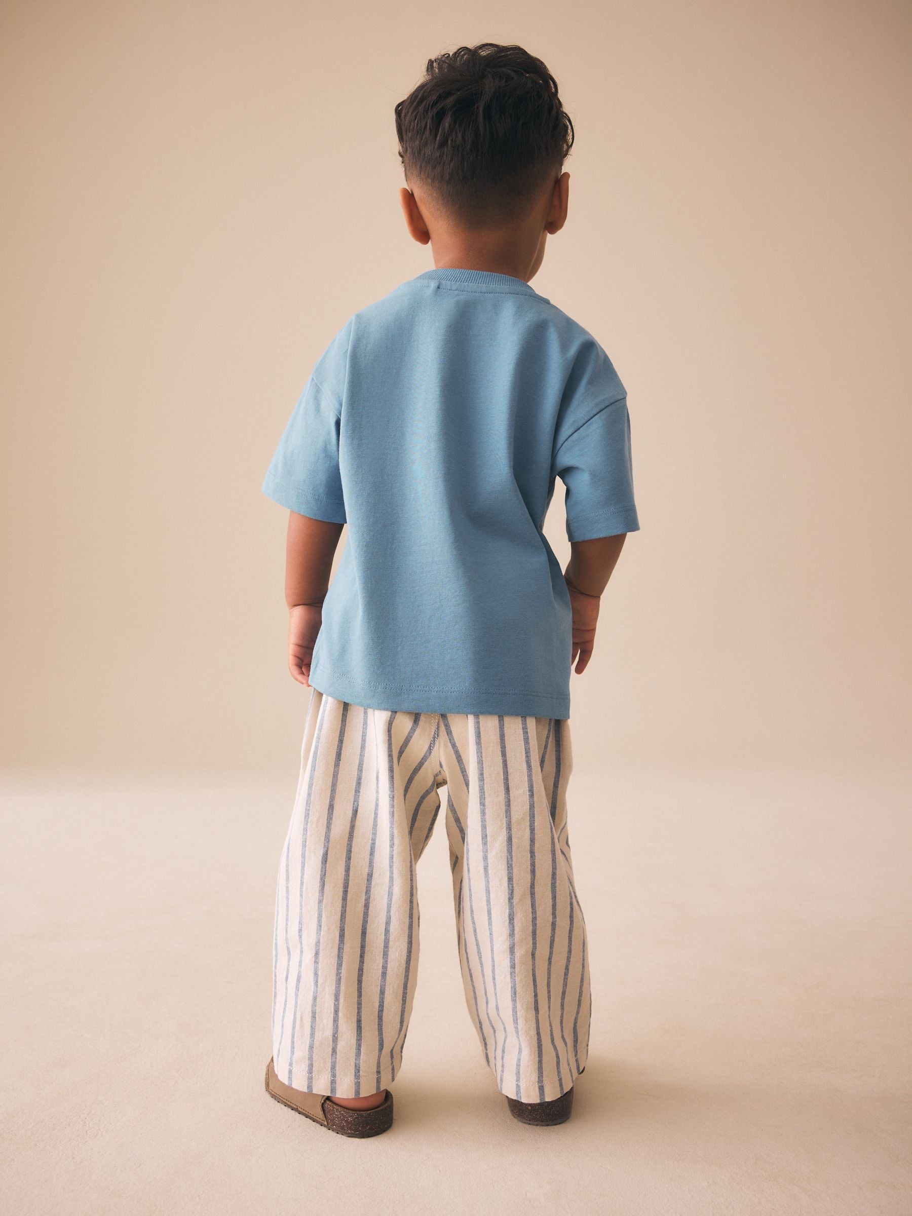 Blue/Ecru Wide Fit Linen Blend Pull on Trousers (3mths-7yrs) image 3
