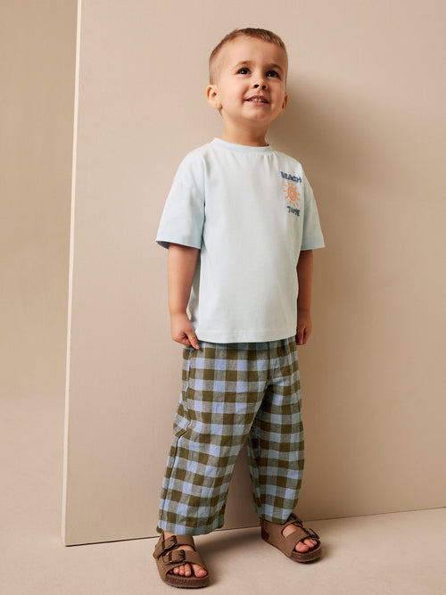 Blue Gingham Wide Fit Linen Blend Pull on Trousers (3mths-7yrs) image 1