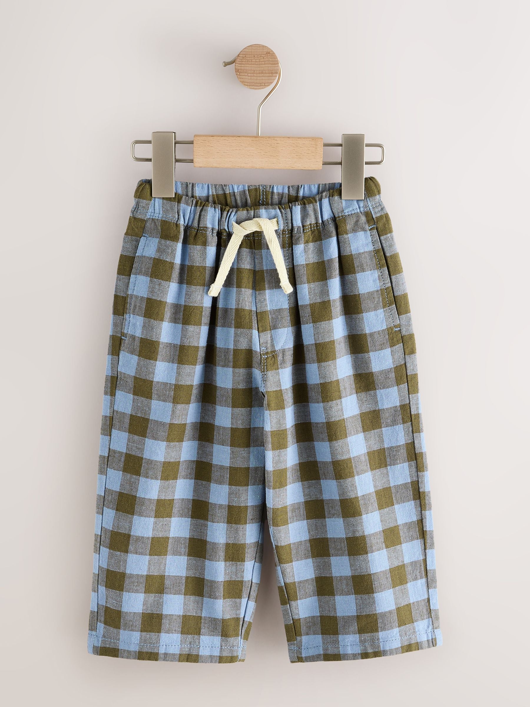 Blue Gingham Wide Fit Linen Blend Pull on Trousers (3mths-7yrs) image 4