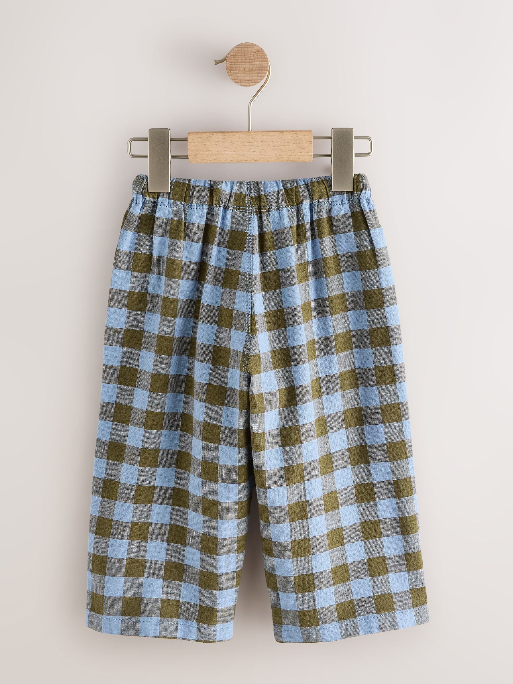 Blue Gingham Wide Fit Linen Blend Pull on Trousers (3mths-7yrs) image 5
