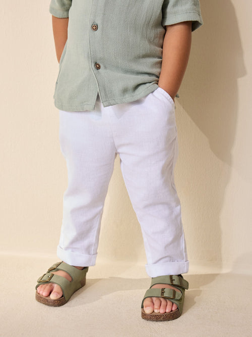 White Regular Fit Linen Blend Pull on Trousers (3mths-7yrs) image 1