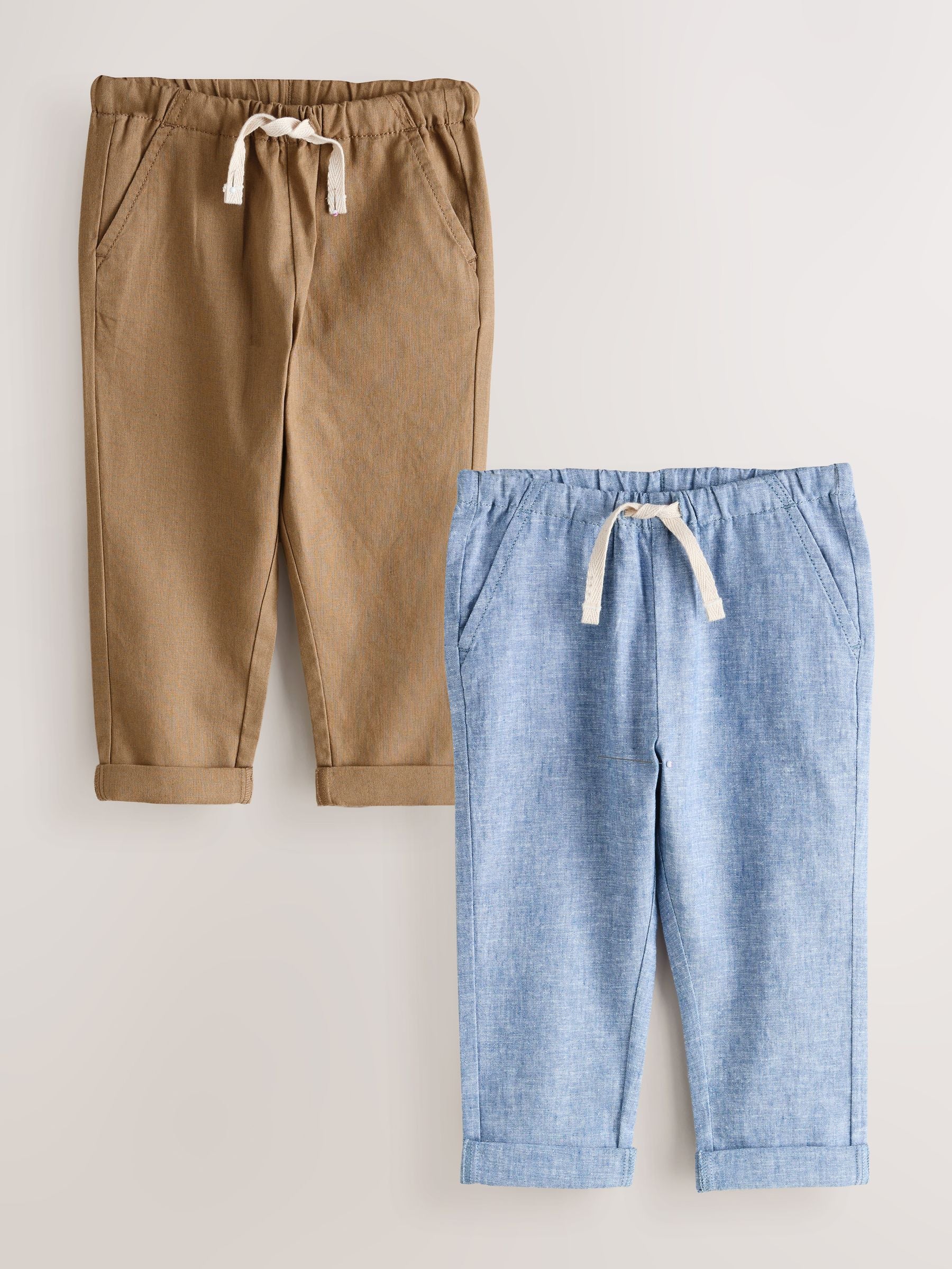 Blue/Brown Linen Blend Pull on Trousers 2 pack (3mths-7yrs) image 1