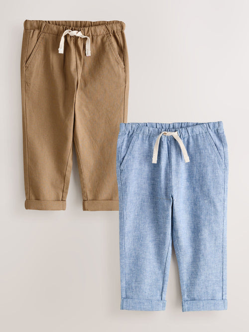 Blue/Brown Linen Blend Pull on Trousers 2 pack (3mths-7yrs) image 1