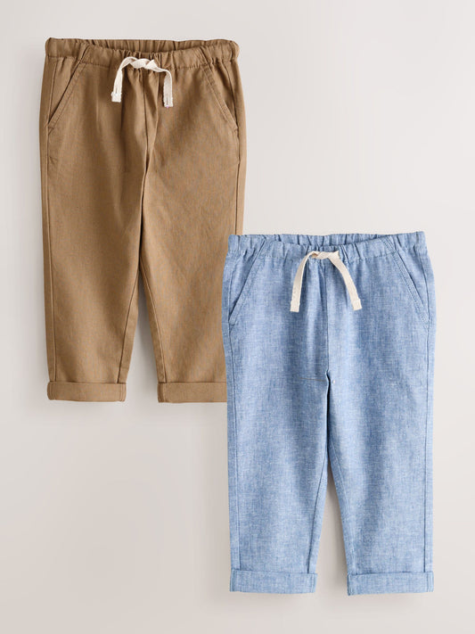 Blue/Brown Linen Blend Pull on Trousers 2 pack (3mths-7yrs) image 1