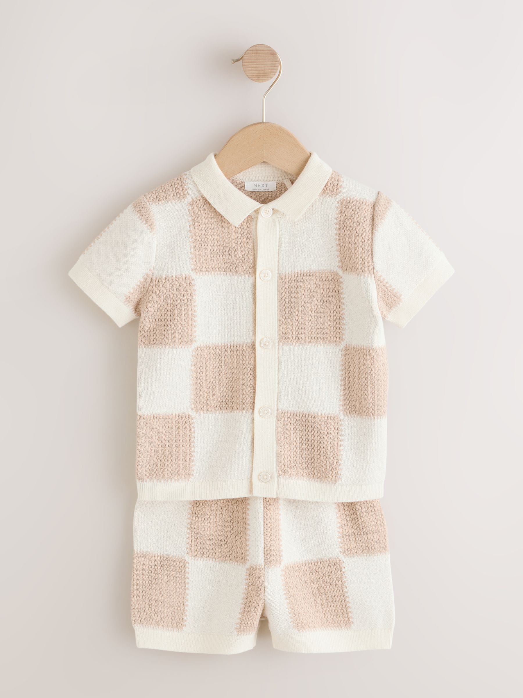 Neutral Checkerboard Knitted Polo Shirt and Shorts Set (3mths-10yrs) image 1
