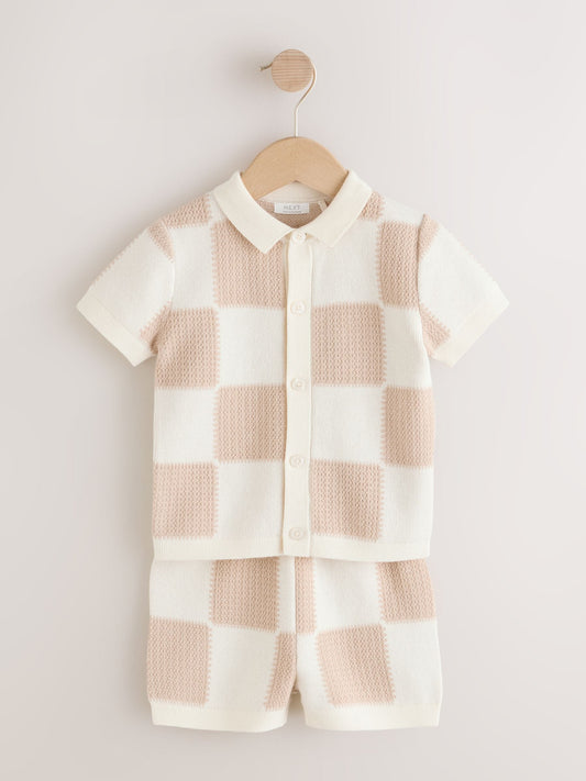 Neutral Checkerboard Knitted Polo Shirt and Shorts Set (3mths-10yrs) image 1