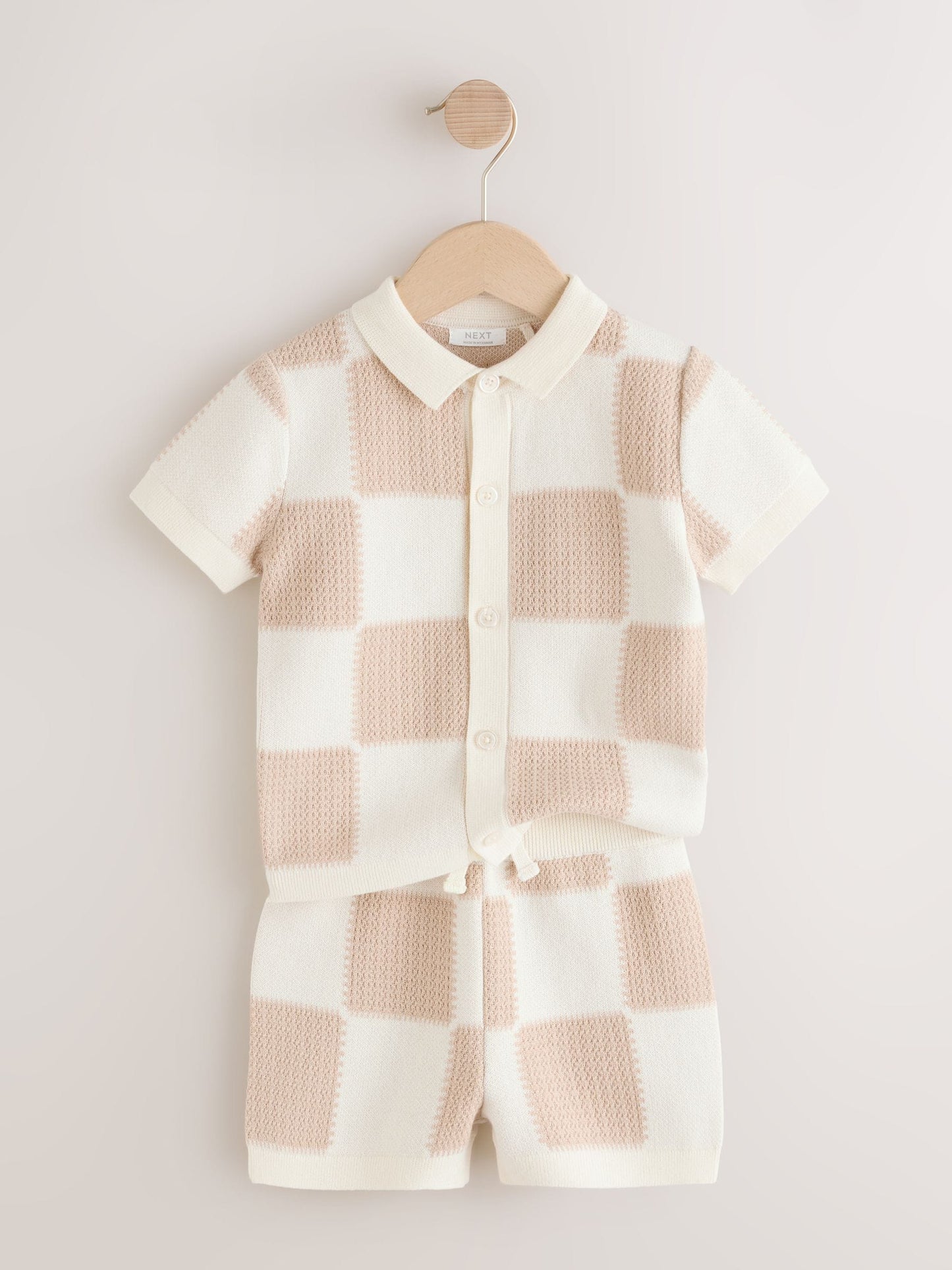 Neutral Checkerboard Knitted Polo Shirt and Shorts Set (3mths-10yrs) image 2