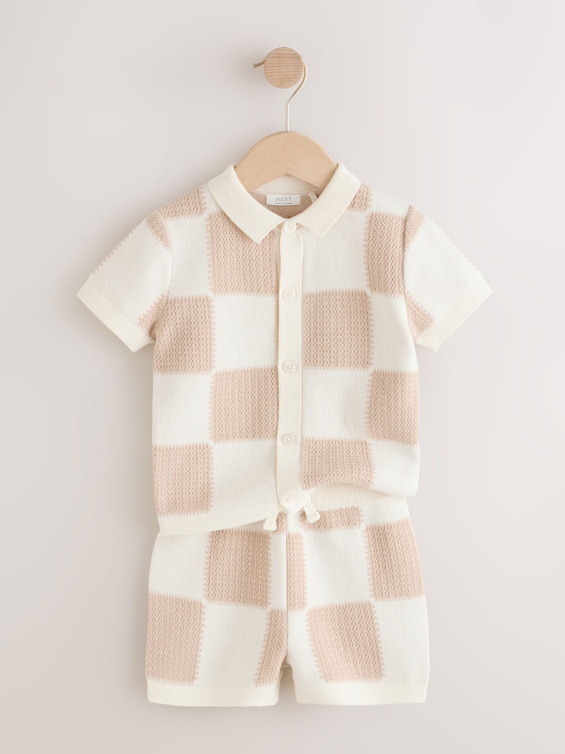 Neutral Checkerboard Knitted Polo Shirt and Shorts Set (3mths-10yrs) image 2