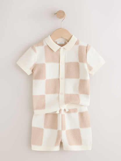 Neutral Checkerboard Knitted Polo Shirt and Shorts Set (3mths-10yrs) image 2