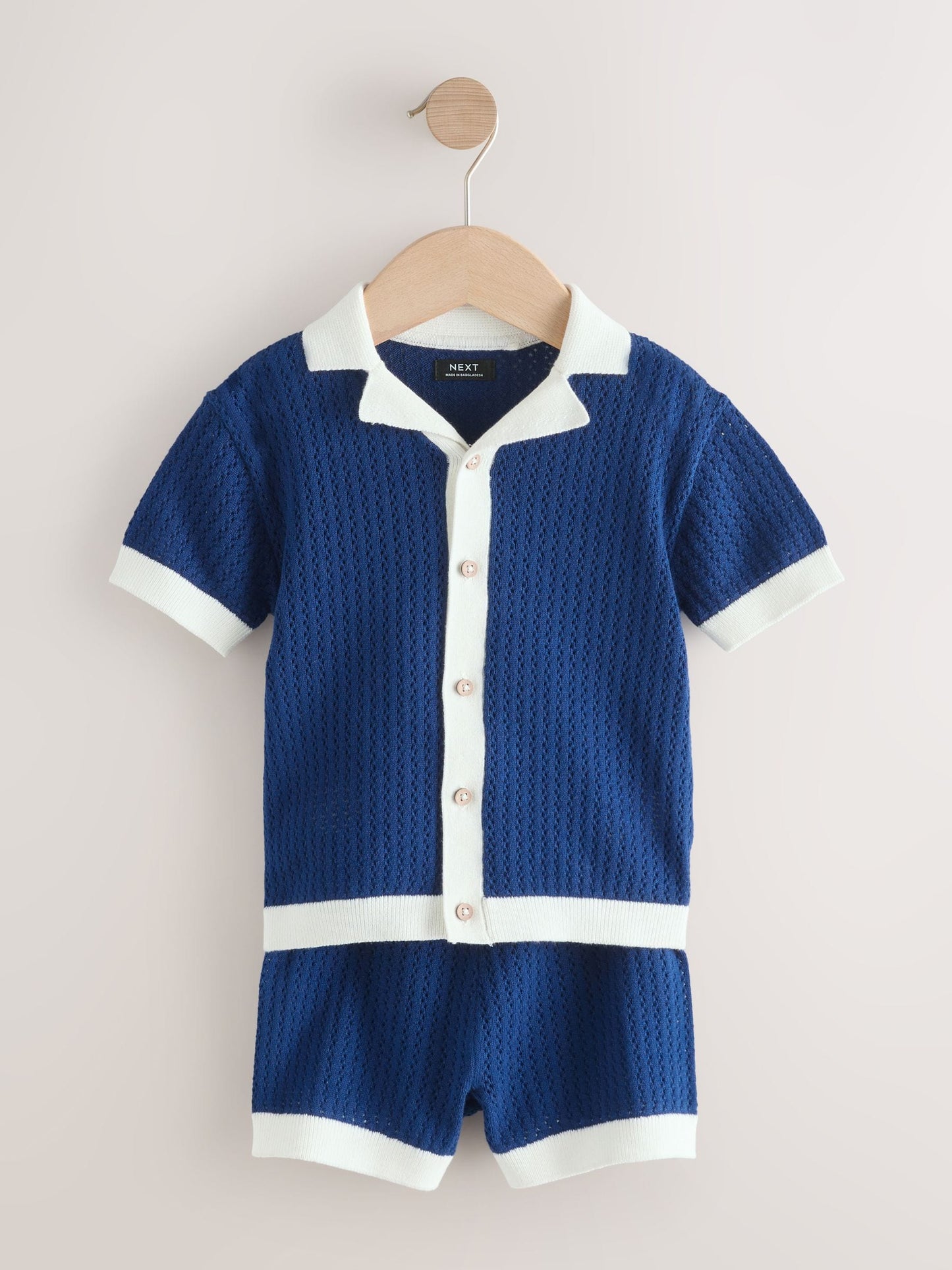 Navy Blue Knitted Polo Shirt and Shorts Set (3mths-10yrs) image 1