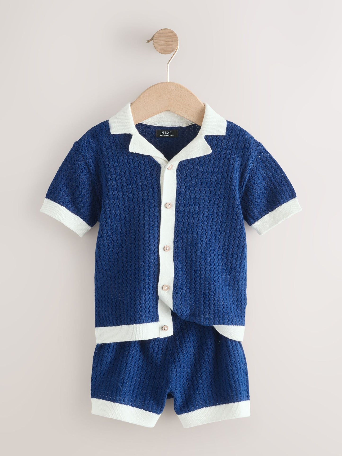 Navy Blue Knitted Polo Shirt and Shorts Set (3mths-10yrs) image 3