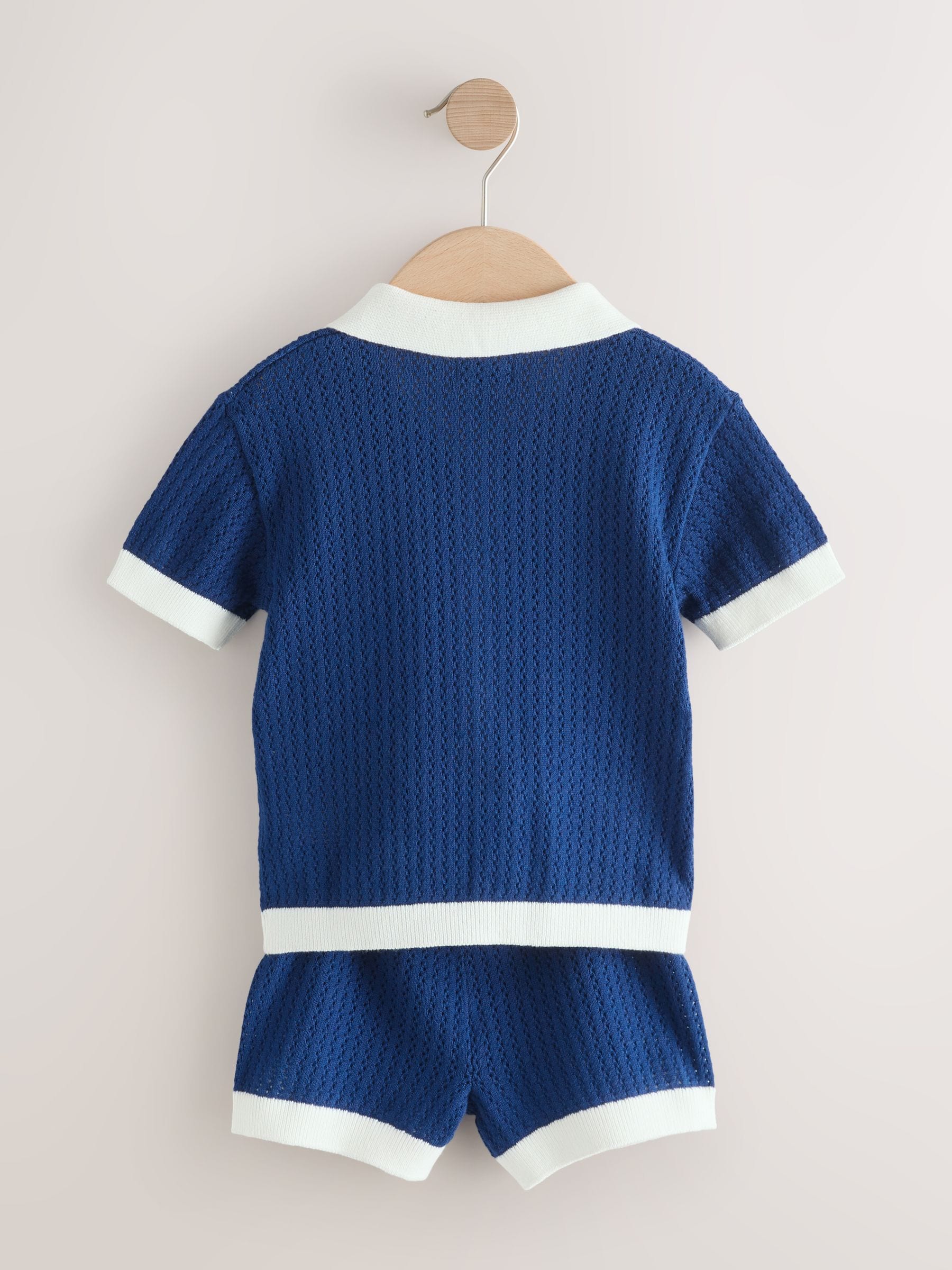 Navy Blue Knitted Polo Shirt and Shorts Set (3mths-10yrs) image 4