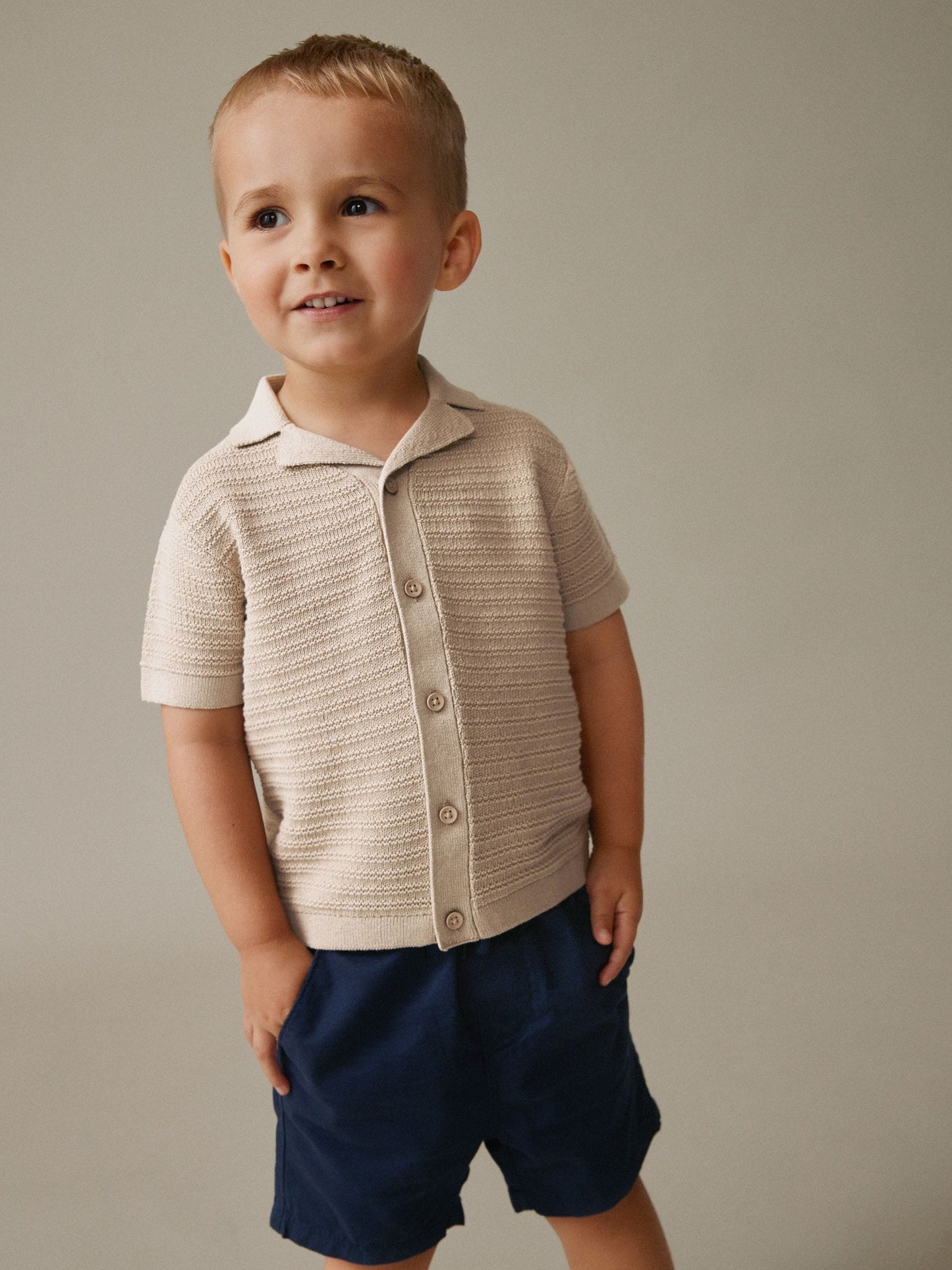 Dsiney Kidz - Neutral Revere Collar Short Sleeve Knitted Polo Shirt (3mths-7yrs) image 1